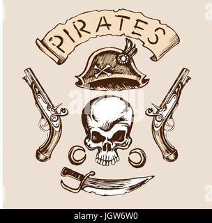 Skull hat knife muskets Stock Vector
