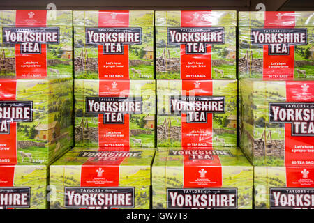 Packs of Yorkshire Tea for sale on a supermarket shelf in the UK Stock Photo