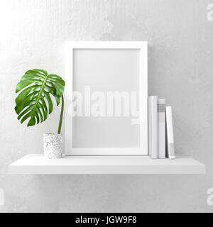 A photo frame mock up on a white shelf. Clean and minimal design. 3D render illustration Stock Photo