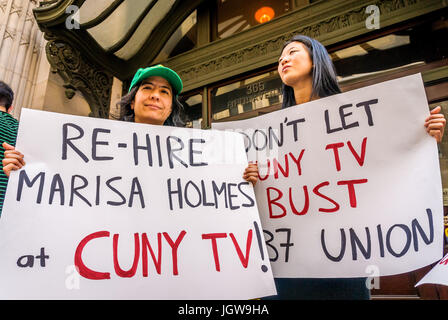 Manhattan, USA. 10th Jun, 2017. New York, United States. 10th July, 2017. A second rally in support of Marisa Holmes outside CUNY Graduate Center in Manhattan, was held on July 10 2017. On the morning of Monday, June 26th, Marisa Holmes - CUNY TV Broadcast On July 10 2017; a second rally was held in support of Marisa Holmes outside CUNY Graduate Center in Manhattan, demanding demanding that she be rehired and that CUNY respect the right to organize. Credit: Erik McGregor/Alamy Live News Credit: PACIFIC PRESS/Alamy Live News Stock Photo