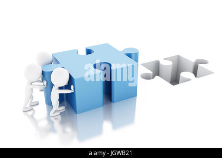 3d illustration. White people solving a puzzle. Teamwork concept. Isolated white background Stock Photo