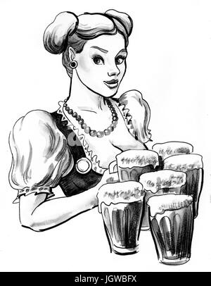 Waitress with a mugs of beers Stock Photo