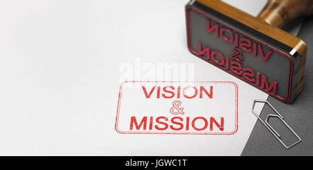 3D illustration of a rubber stamp with other office supplies and the text vision and mission on a sheet of paper. Stock Photo