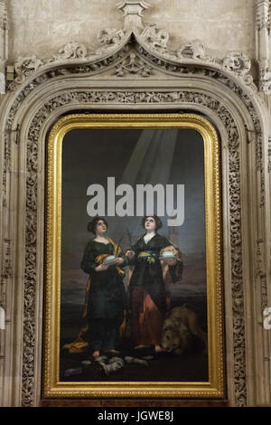 Painting 'Saints Justa and Rufina' by Spanish painter Francisco de Goya (1817) on display in the altar of the Sacristía de los Cálices of the Seville Cathedral (Catedral de Sevilla) in Seville, Andalusia, Spain. Stock Photo