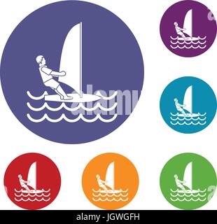 Man on windsurf icons set Stock Vector
