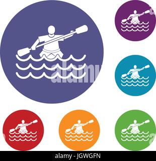 Male athlete in a canoe icons set Stock Vector