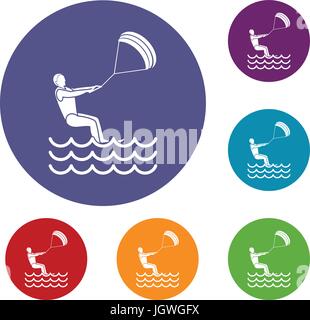 man takes part at kitesurfing icons set Stock Vector