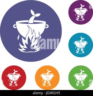 Fish soup on a fire icons set Stock Vector