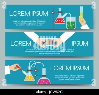 Scientist chemical laboratory working process banner set. Medical research or clinical testing concept headers with blue background Stock Vector