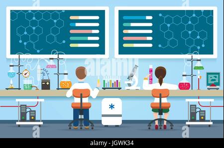 Scientists research in laboratory vector illustration. Chemical lab interior with female researcher and male doctor experiment concept Stock Vector