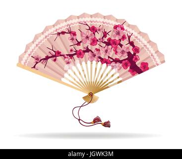 Japan cherry blossom folding fan vector illustration. Japanese fan with sakura branch pattern, geisha souvenir isolated on white Stock Vector