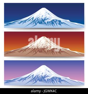 Snow capped mount fuji banners. Japan mountain panoramic landscape set for tourism designs vector illustration Stock Vector