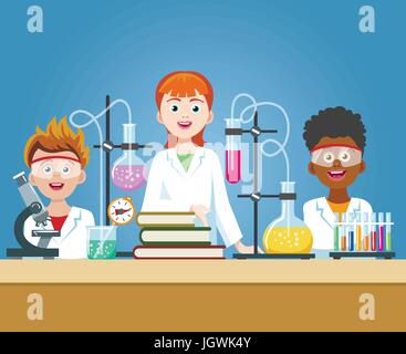 Pupils in chemistry lab. School science class laboratory with kids in safety glasses with microscope vector illustration Stock Vector