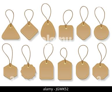 Vector brown paper blank clothing vintage tags. Fashion cardboard hanging labels collection isolated on white background Stock Vector