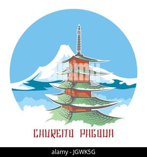 Chureito pagoda landscape vector japan emblem. Colored sketch of Fuji mountain panorama with pagoda temple Stock Vector
