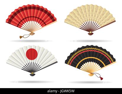 Oriental japan fan set isolated on white background. Traditional paper chinese or japanese geisha vector folding fans Stock Vector