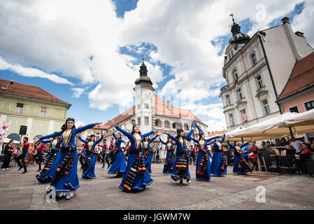 Tutarchela Choreographic Ensemble from Zugdidi, Georgia, performing at 29th Folkart International CIOFF Folklore Festival, folklore sub-festival of Festival Lent, one of the largest outdoor festivals in Europe. Folkart, Festival Lent, Maribor, Slovenia, 2017. Stock Photo