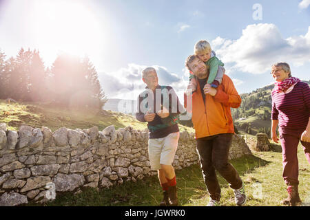 Three generation family, hiking, in rural setting, Geneva, Switzerland, Europe Stock Photo