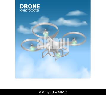 Realistic remote air drone quadrocopter flying in the sky and monitoring security. Isomertic view. Vector illustration  Stock Vector