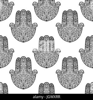 Hamsa pattern. Fatimas hand seamless background. Vector illustration. Indian mandala ornament. Asian pattern. Black and white authentic backdrop. Stock Vector