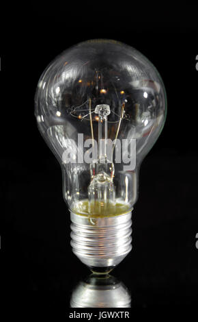 Classic electric bulb on black background. Old lightbulb. Stock Photo