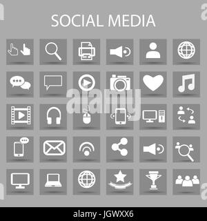 Vector flat icons set and graphic design elements. Illustration with social media, digital technology outline symbols. Stock Vector