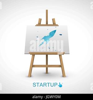 blank canvas on a wooden easel with watercolor. White background Stock Vector