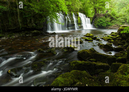 Sgwd y Pannwr (Fall of the Fuller) waterfall on the Afon Mellte river in the Bannau Brycheiniog (Brecon Beacons) National Park near Ystradfellte, Powys, Wales. Stock Photo