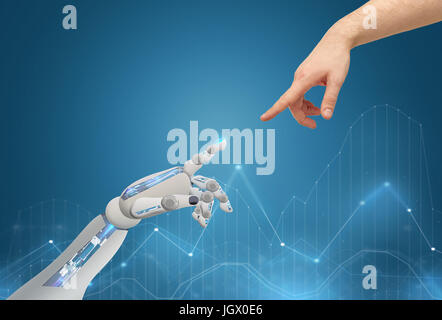 human and robot hands reaching to each other Stock Photo