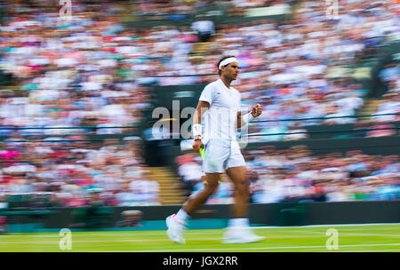 London, UK. 10th July, 2017. Rafael Nadal of Spain celebrates during the men's singles fourth round match with Gilles Muller of Luxembourg at the Championship Wimbledon 2017 in London, Britain on July 10, 2017. Nadal lost 2-3. Credit: Jin Yu/Xinhua/Alamy Live News Stock Photo