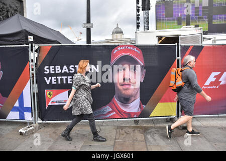 Trafalgar Square, London, UK. 11th July 2017. Preparations for the Formula 1 Live London event in Trafalgar Square. Credit: Matthew Chattle/Alamy Live News Stock Photo