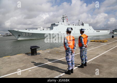 Zhanjiang, China's Guangdong Province. 11th July, 2017. Ships carrying Chinese military personnel depart Zhanjiang, south China's Guangdong Province, July 11, 2017. They are to set up a support base in Djibouti. The establishment of the People's Liberation Army Djibouti base was a decision made by the two countries after friendly negotiations, and accords with the common interest of the people from both sides, according to the PLA navy. Credit: Wu Dengfeng/Xinhua/Alamy Live News Stock Photo