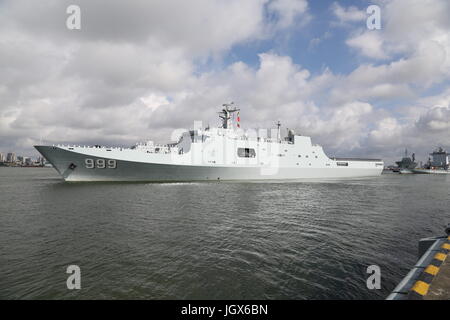 Zhanjiang, China's Guangdong Province. 11th July, 2017. Ships carrying Chinese military personnel depart Zhanjiang, south China's Guangdong Province, July 11, 2017. They are to set up a support base in Djibouti. The establishment of the People's Liberation Army Djibouti base was a decision made by the two countries after friendly negotiations, and accords with the common interest of the people from both sides, according to the PLA navy. Credit: Wu Dengfeng/Xinhua/Alamy Live News Stock Photo