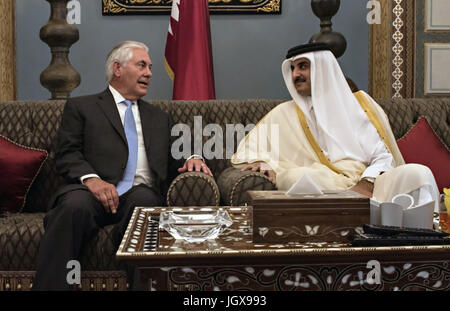 U.S. Secretary of State Rex Tillerson during a meeting with the Emir of Qatar, Sheikh Tamim Bin Hamad Al Thani at the Sea Palace July 11, 2017 in Doha, Qatar. Tillerson is meeting leaders of the Gulf Cooperation Council in an attempt to end the isolation of fellow member Qatar by a Saudi led coalition. Stock Photo