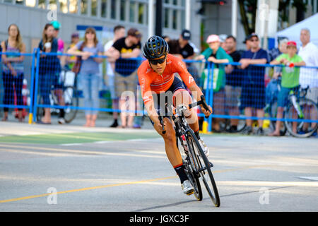 New Westminster, British Columbia, Canada. 11st July, 2017. Kristi Lay from Montreal, Canada wins the pro women's race at the New West Grand Prix. Joe Ng/Alamy Live News Stock Photo