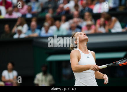 London, UK. 11th July, 2017. Simona Halep of Romania reacts during the women's singles quarterfinal with Johanna Konta of Britain at the Championship Wimbledon 2017 in London, Britain on July 11, 2017. Simona Halep lost 1-2. Credit: Jin Yu/Xinhua/Alamy Live News Stock Photo