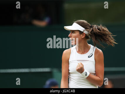 London, UK. 11th July, 2017. Johanna Konta of Britain celebrates during the women's singles quarterfinal with Simona Halep of Romania at the Championship Wimbledon 2017 in London, Britain on July 11, 2017. Johanna Konta won 2-1. Credit: Jin Yu/Xinhua/Alamy Live News Stock Photo