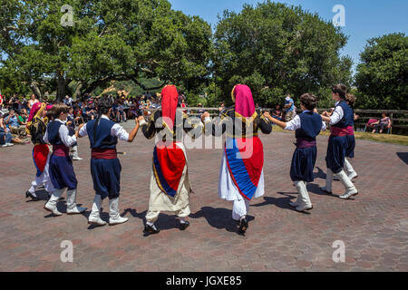 Greek-American girls and boys, Greek folk dancers, dancing, Greek dance, Marin Greek Festival, city of Novato, Marin County, California Stock Photo