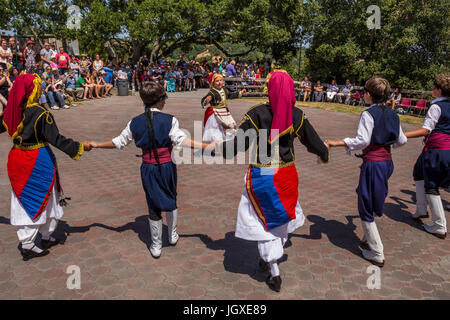 Greek-American girls and boys, Greek folk dancers, dancing, Greek dance, Marin Greek Festival, city of Novato, Marin County, California Stock Photo