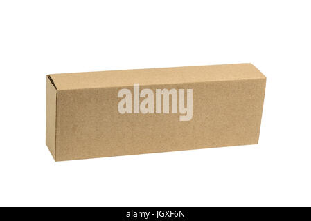 Long rectangle closed brown cardboard box packaging blank template in isolated on white background. Stock Photo