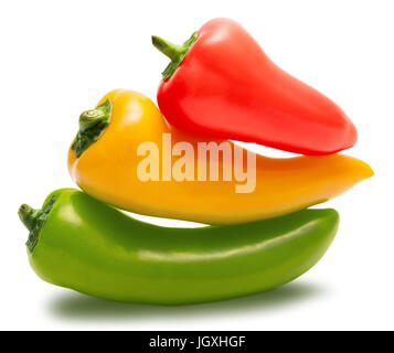 Small red, yellow and green peppers isolated over white with path. It's like a traffic light. Stock Photo