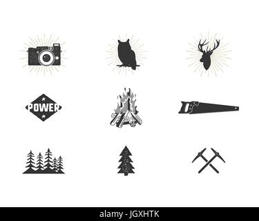 Outdoor adventure silhouette icons set. Climb and camping shapes collection. Simple black pictograms bundle. Use for creating logo and other hiking, surf designs. Vector isolated on white. Stock Vector
