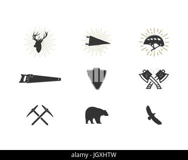 Outdoor adventure silhouette icons set. Climb and lumberjack shapes collection. Simple black pictograms bundle. Use for creating logo, labels and other hiking, surf designs. Vector isolated on white. Stock Vector
