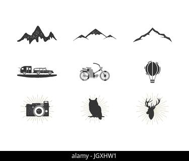 Outdoor adventure silhouette icons set. Surfing and camping shapes collection. Simple black pictograms bundle. Use for creating logo, labels and other hiking, surf designs. Vector isolated on white. Stock Vector