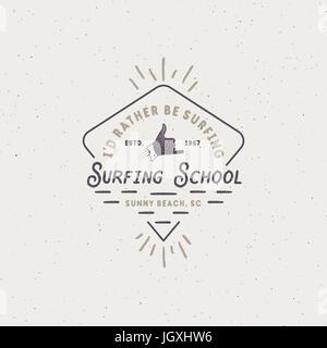 Surf school emblem in unique retro style. Best for summer t-shirts, travel mugs, clothing, apparel. Vintage design for your brand, projects. Stock vector illustration Stock Vector