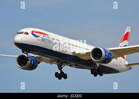 British Airways Boeing 787-9 Dreamliner G-ZBKG landing at Heathrow Airport, UK Stock Photo