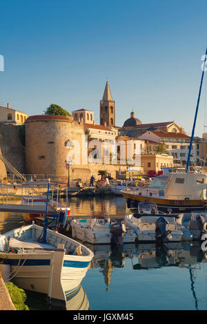 Alghero Sardinia, view of the Alghero skyline with the harbour and port area in the foreground, Sardinia, Italy. Stock Photo