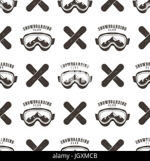 Snowboard seamless background. Winter ski pattern design with boards, snowboards mask and typography elements. Stock vector isolated on white. Monochrome style Stock Vector