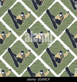 Snowboard man seamless background. Winter ski retro color design pattern with snowboarder. Stock vector isolated on white. Old style Stock Vector