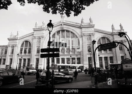 France, Paris - September 27, 2010: Outside view of Paris North Station, Gare du Nord, people present, designed by Jacques Hittorff and built between  Stock Photo
